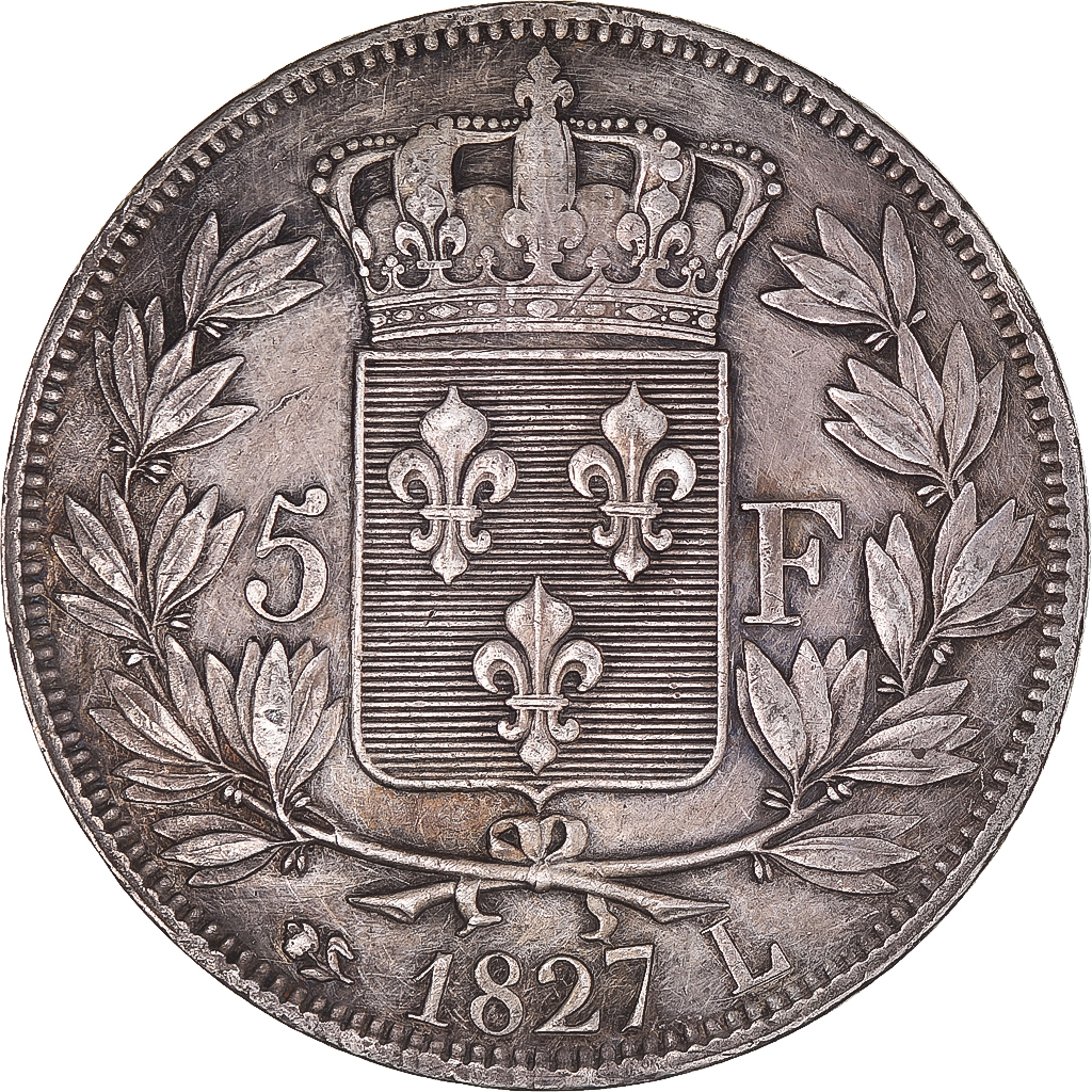 Coin, France, Charles X, 5 Francs, 1827, Bayonne, , Silver, KM:728.8