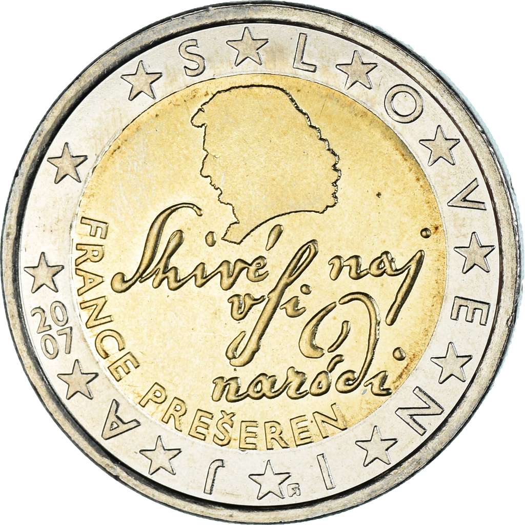 2 Euro Slovenia France Preseren 2007 Wert Slovenia, 2 Euro, 2007, Vantaa, , Bi-Metallic, KM:75 | European Coins