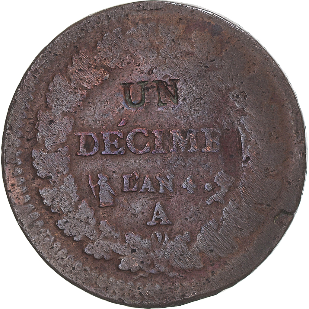 Coin, France, Dupré, Decime, 1792 / AN 4, Paris, modifié, VF, Bronze