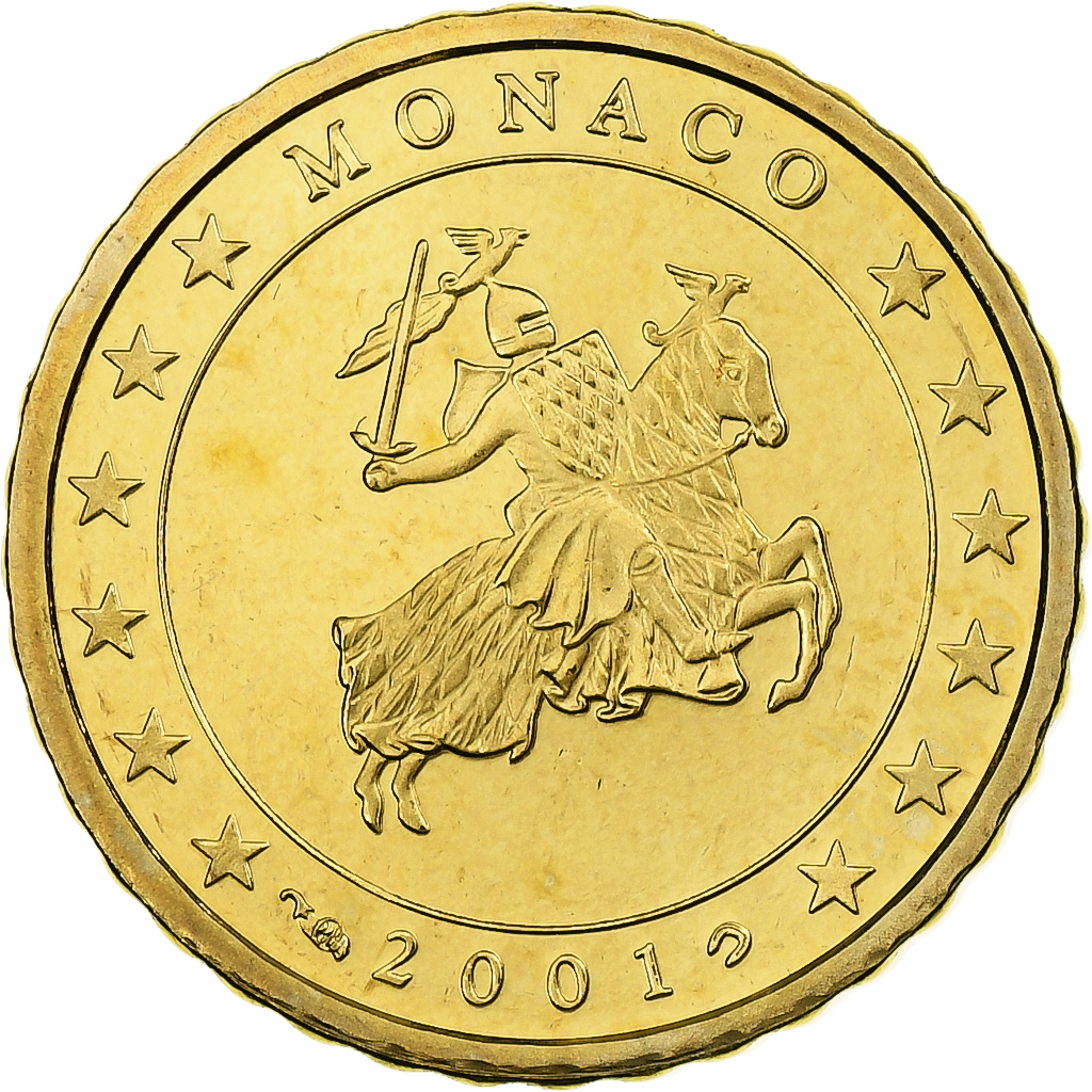 Monaco, Rainier III, 10 Euro Cent, Proof / BE, 2001, Paris, Brass, 