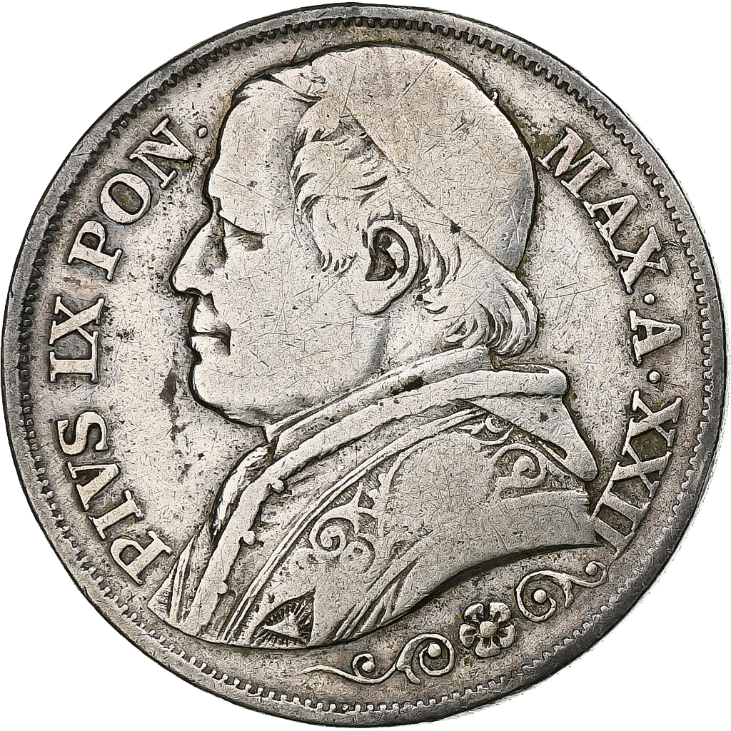 ITALIAN STATES, PAPAL STATES, Pius IX, 2 Lire, 1867, Rome, Silver, 
