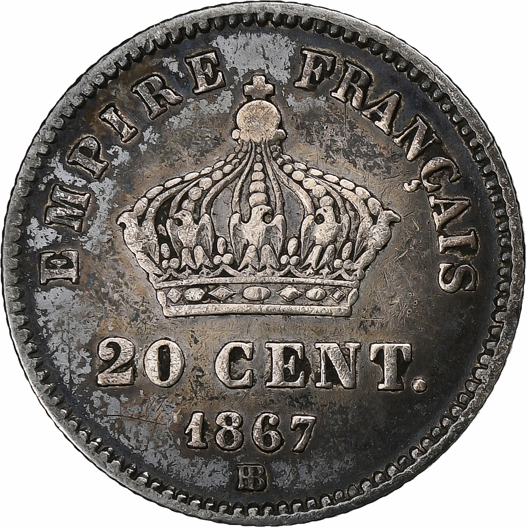 France, Napoleon III, 20 Centimes, 1867, Strasbourg, Silver, 
