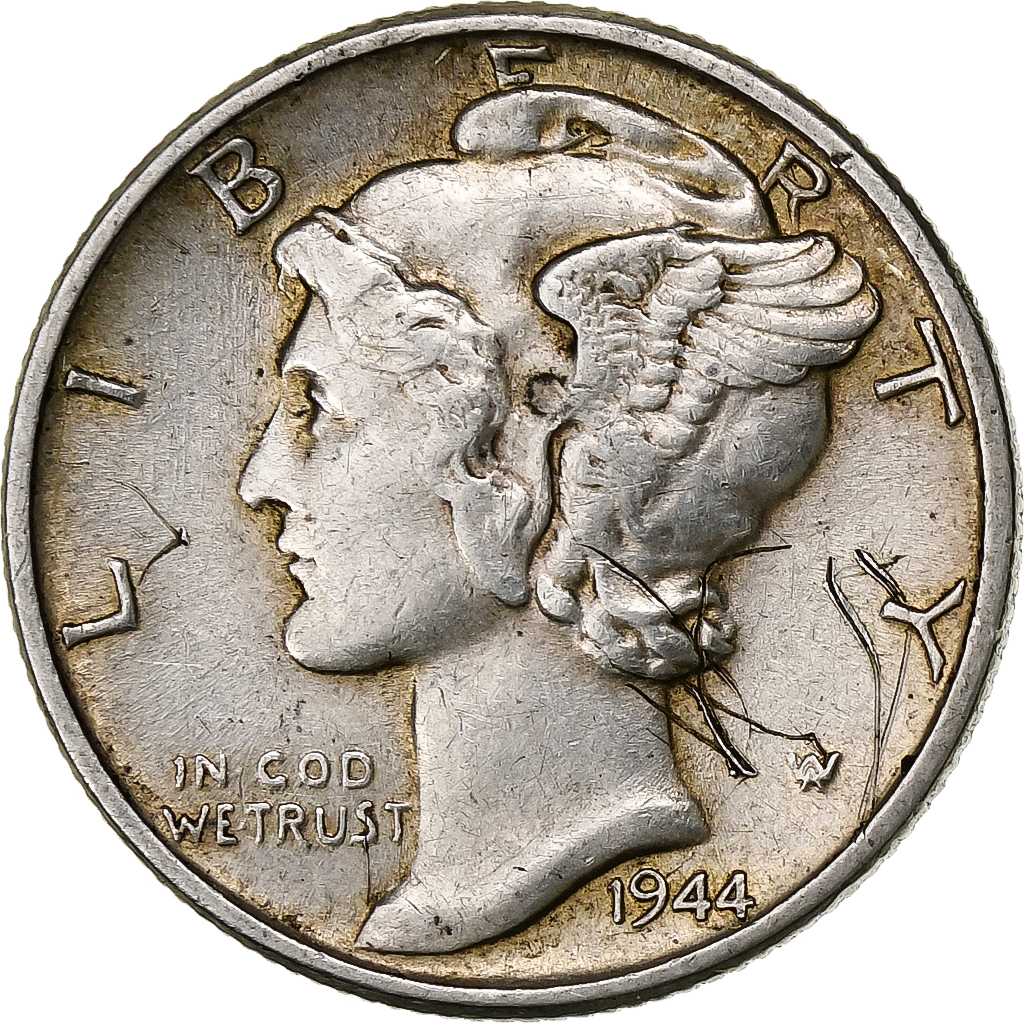 United States, Dime, Mercury Dime, 1944, U.S. Mint, Silver, EF, KM:140