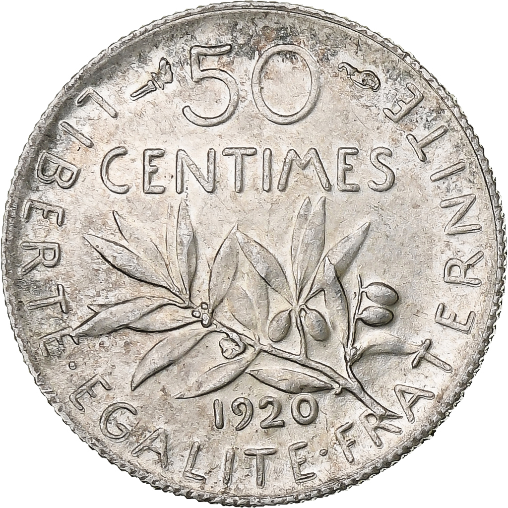 France, 50 Centimes, Semeuse, 1920, Paris, Silver, AU, Gadoury:420