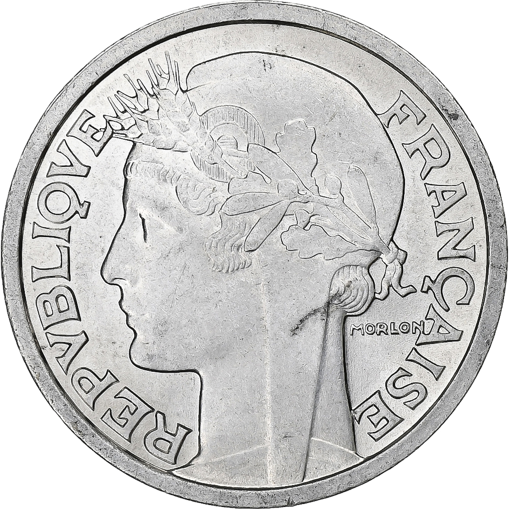France, 2 Francs, Morlon, 1958, Paris, Chouette, Aluminum, 
