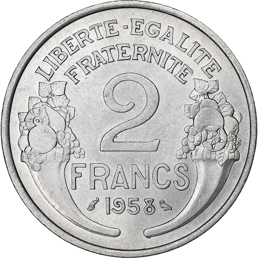 France, 2 Francs, Morlon, 1958, Paris, Chouette, Aluminum, 