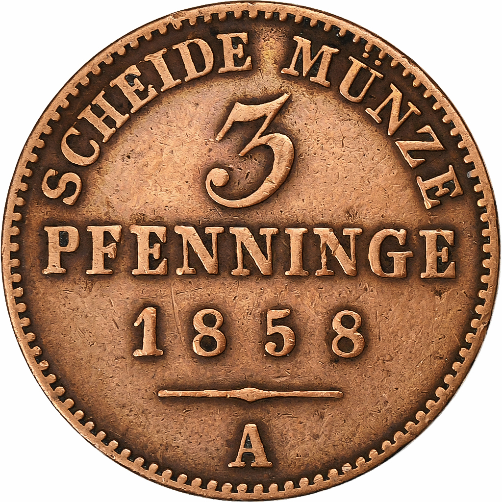 German States, PRUSSIA, Friedrich Wilhelm IV, 3 Pfennig, 1858, Berlin, Copper