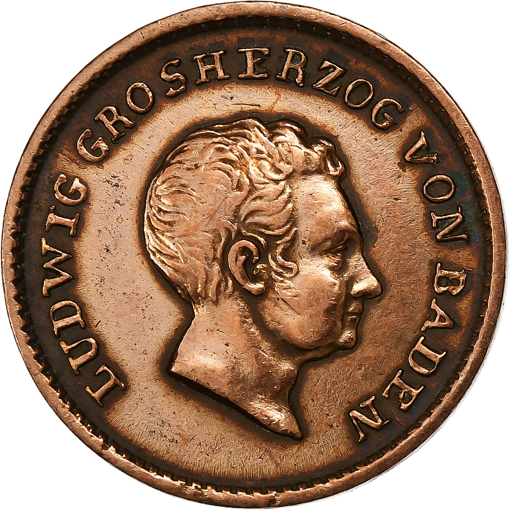 German States, BADEN, Ludwig I, 1/2 Kreuzer, 1829, Baden, Copper, 