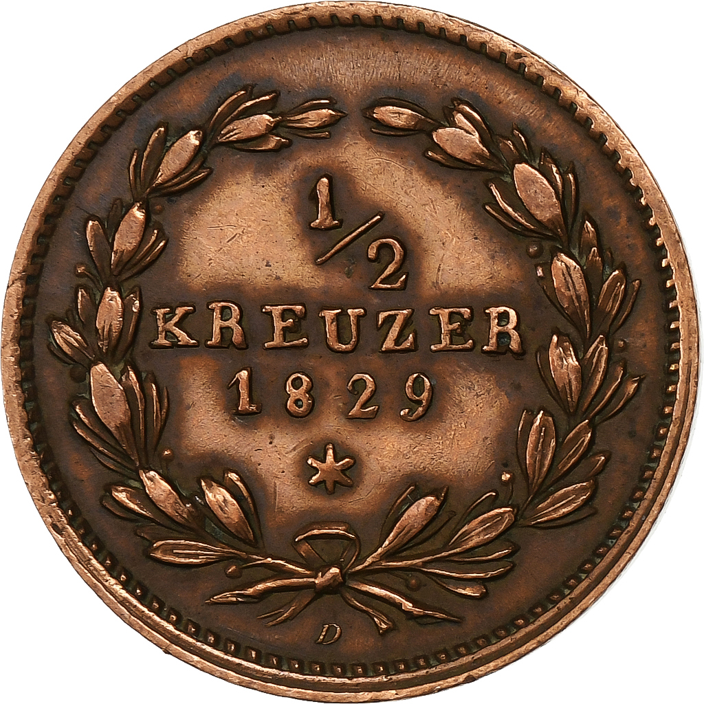 German States, BADEN, Ludwig I, 1/2 Kreuzer, 1829, Baden, Copper, 