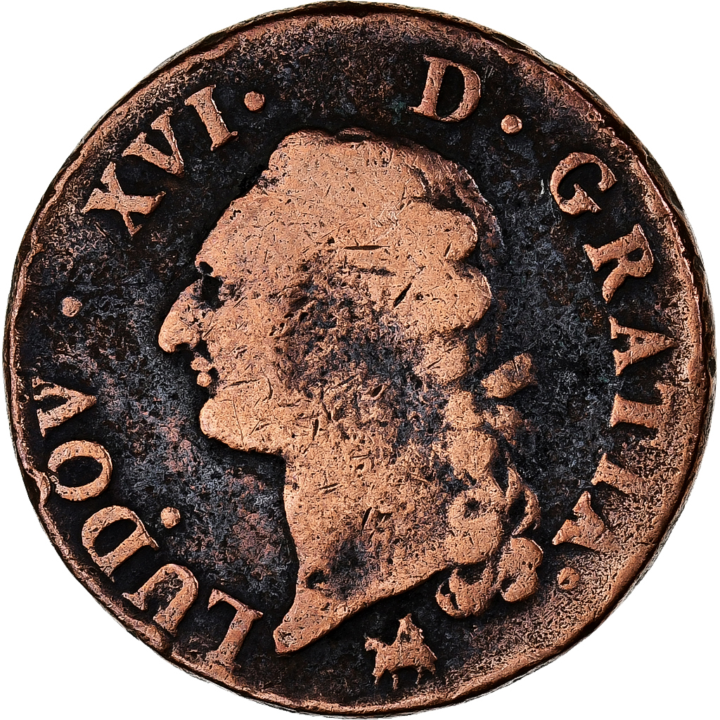 France, Louis XVI, Sol, 1791, Rouen, 2éme sem, Copper, VF, Gadoury:350