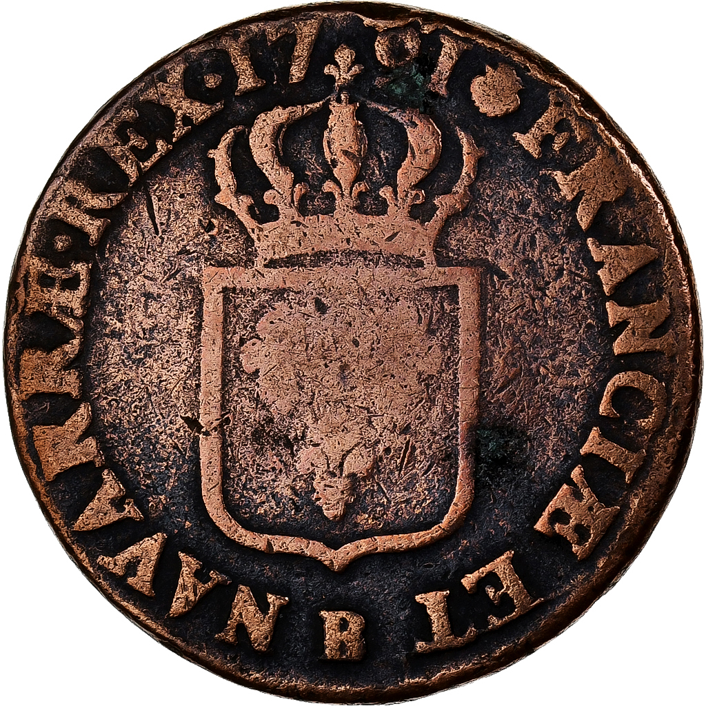 France, Louis XVI, Sol, 1791, Rouen, 2éme sem, Copper, VF, Gadoury:350