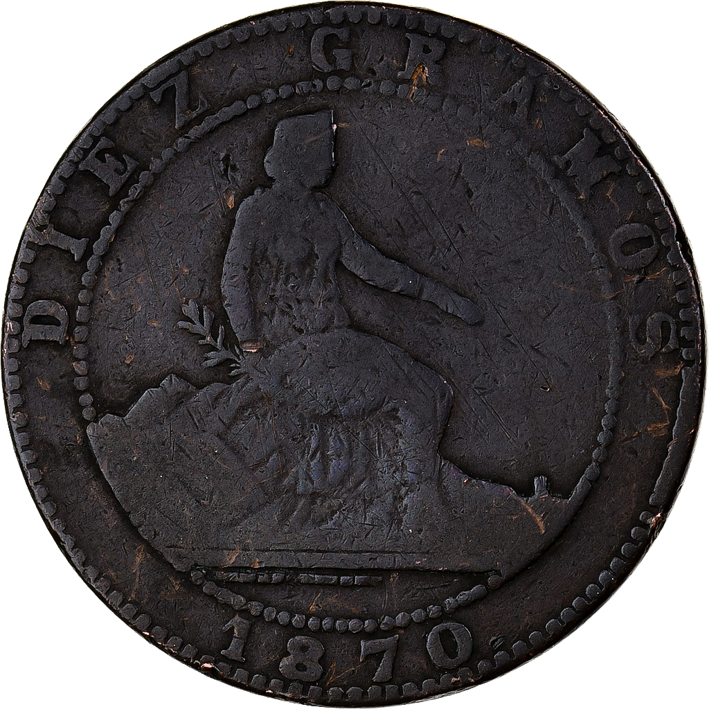 Spain, Provisional Government, 10 Centimos, 1870, Madrid, Copper, 