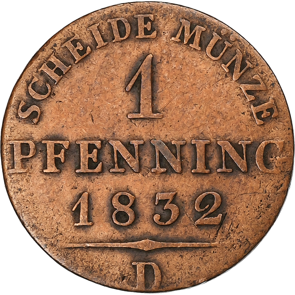 German States, PRUSSIA, Friedrich Wilhelm III, Pfennig, 1832, Munich, Copper