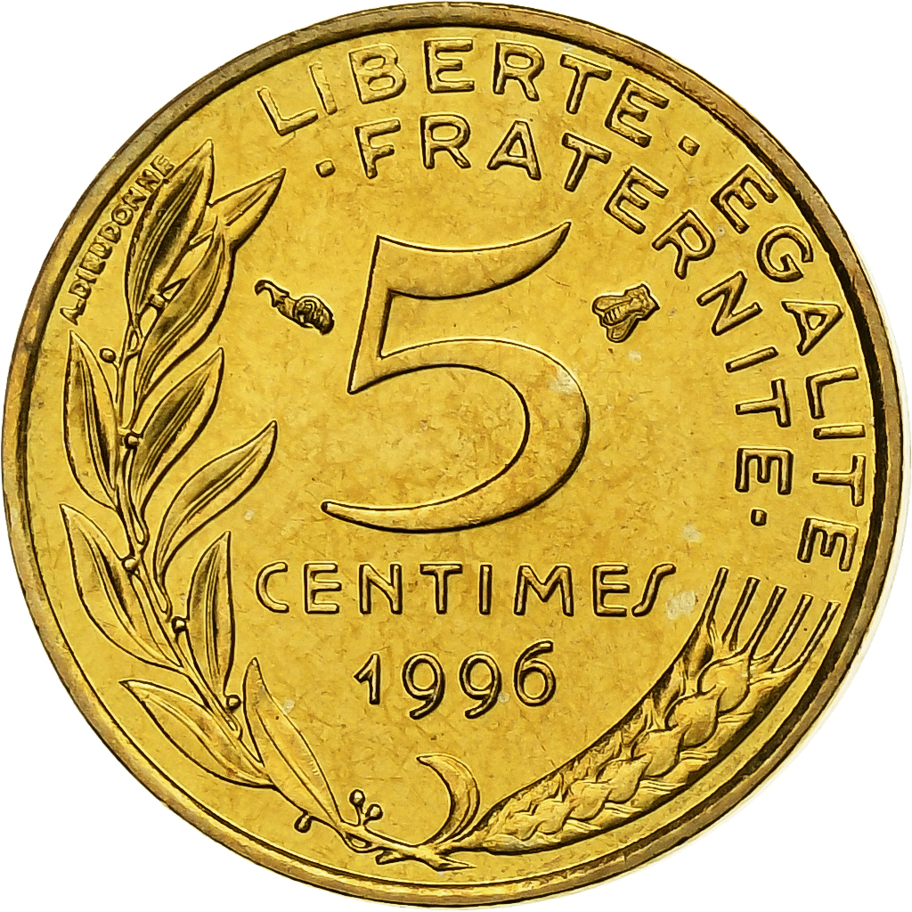 France, 5 Centimes, Marianne, 1996, Paris, BU, Aluminum-Bronze, 