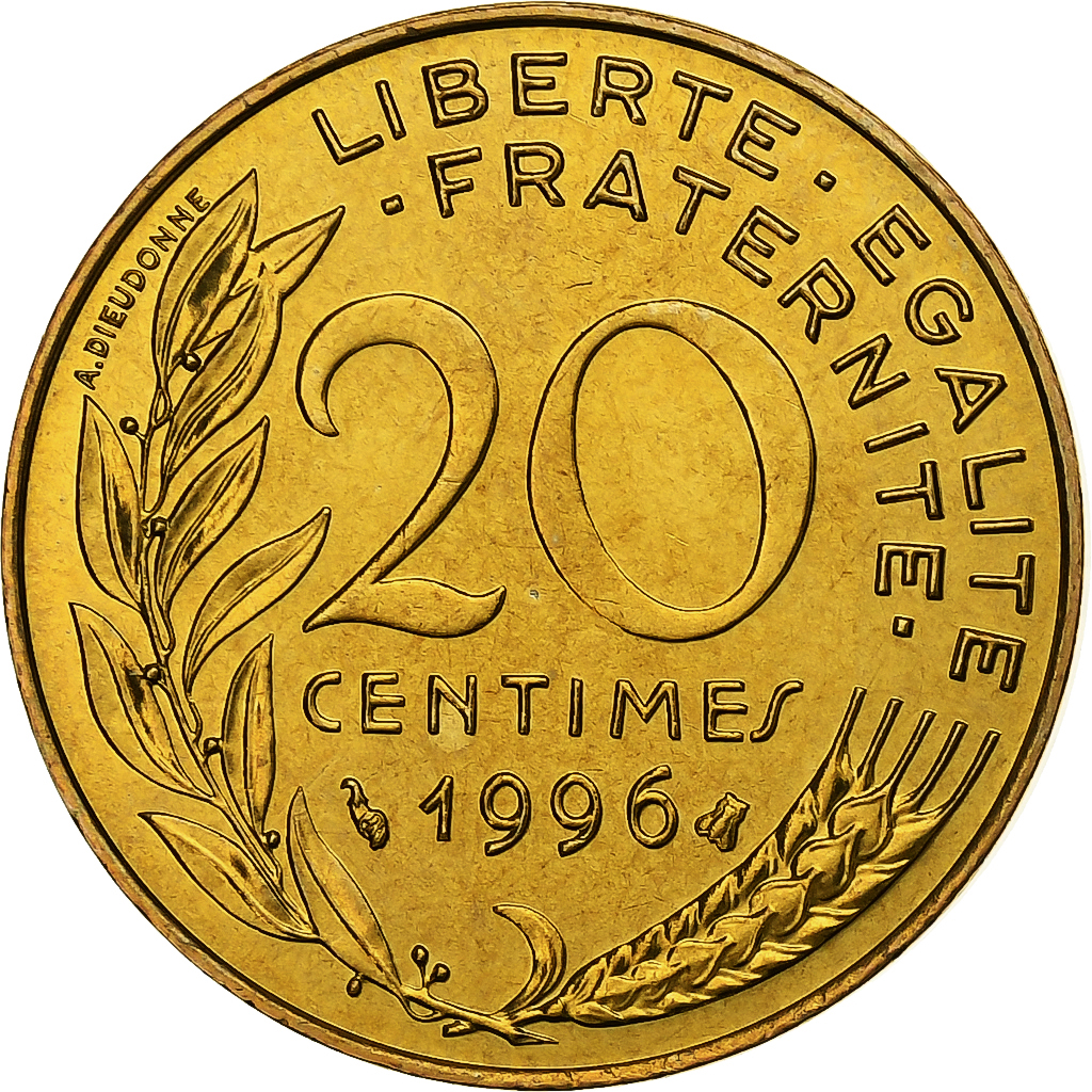 France, 20 Centimes, Marianne, 1996, Paris, BU, Aluminum-Bronze, MS