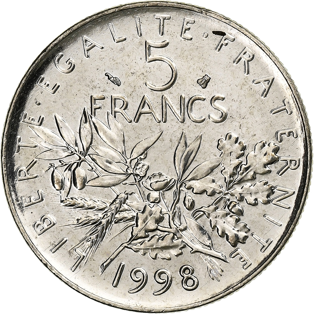 France, 5 Francs, Semeuse, 1998, Paris, BU, Nickel Clad Copper-Nickel
