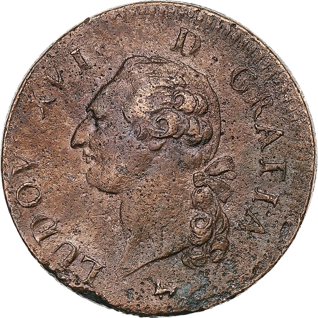 France, Louis XVI, Sol, Sol ou sou, 1791, Paris, 1er sem, Copper, 