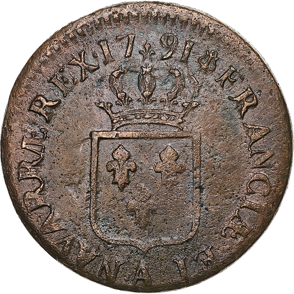 France, Louis XVI, Sol, Sol ou sou, 1791, Paris, 1er sem, Copper, 