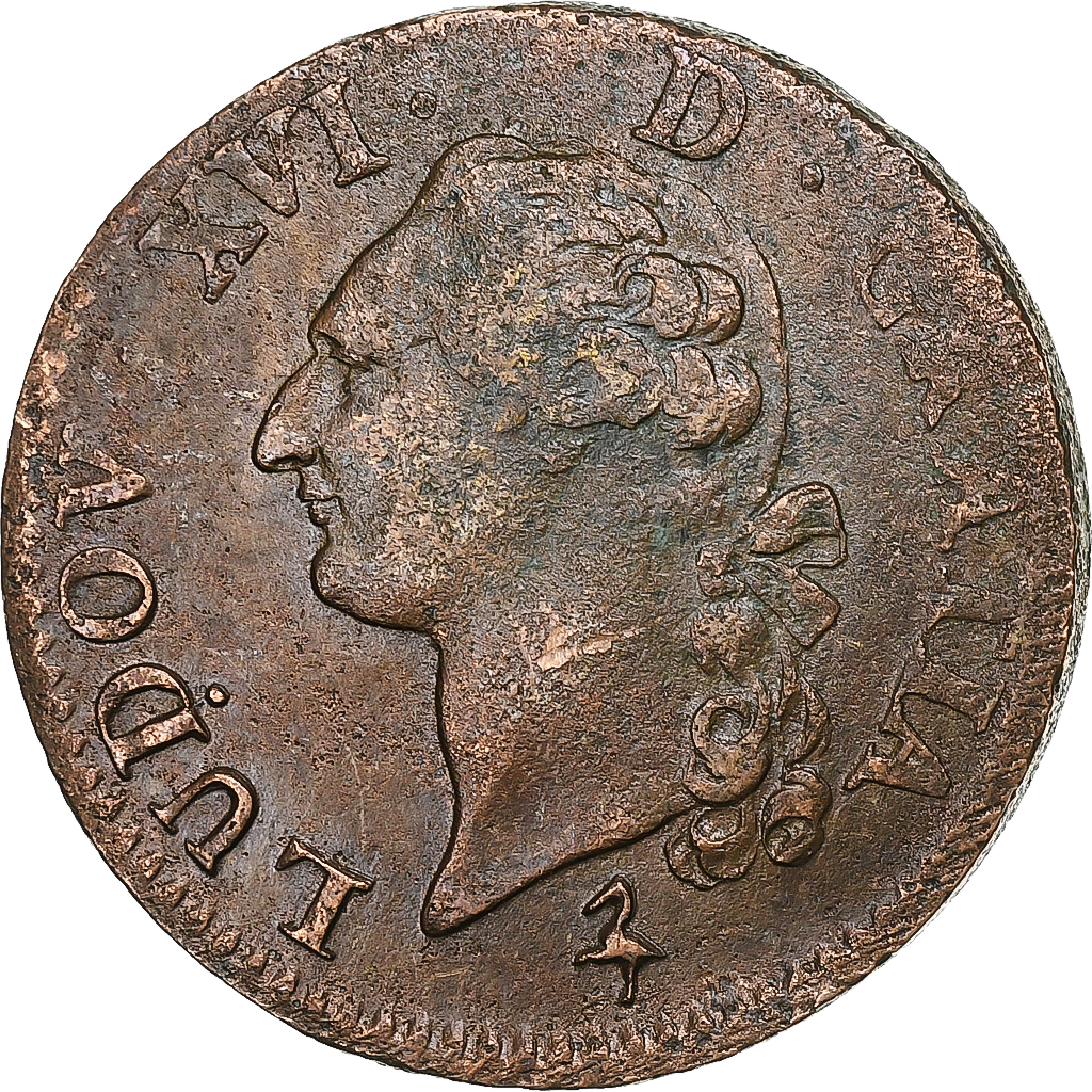France, Louis XVI, Sol, Sol ou sou, 1791, Paris, 2éme sem, Copper, 