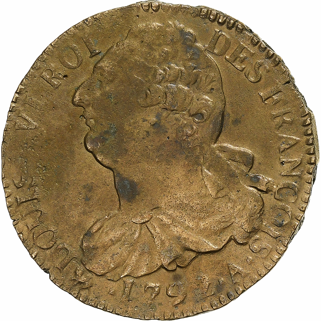 France, Constitution, 2 Sols, 2 sols françois, 1792 / AN 4, Paris, Bronze