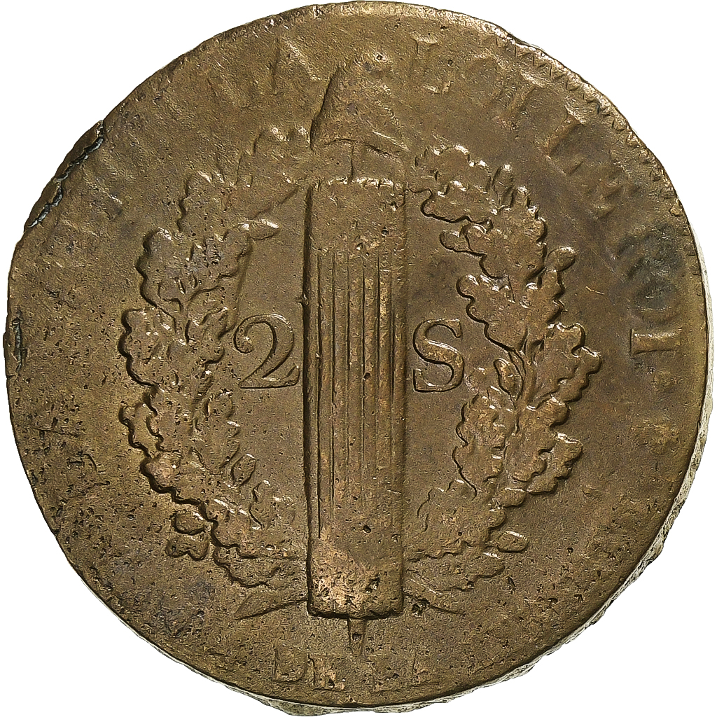 France, Constitution, 2 Sols, 2 sols françois, 1792 / AN 4, Paris, Bronze