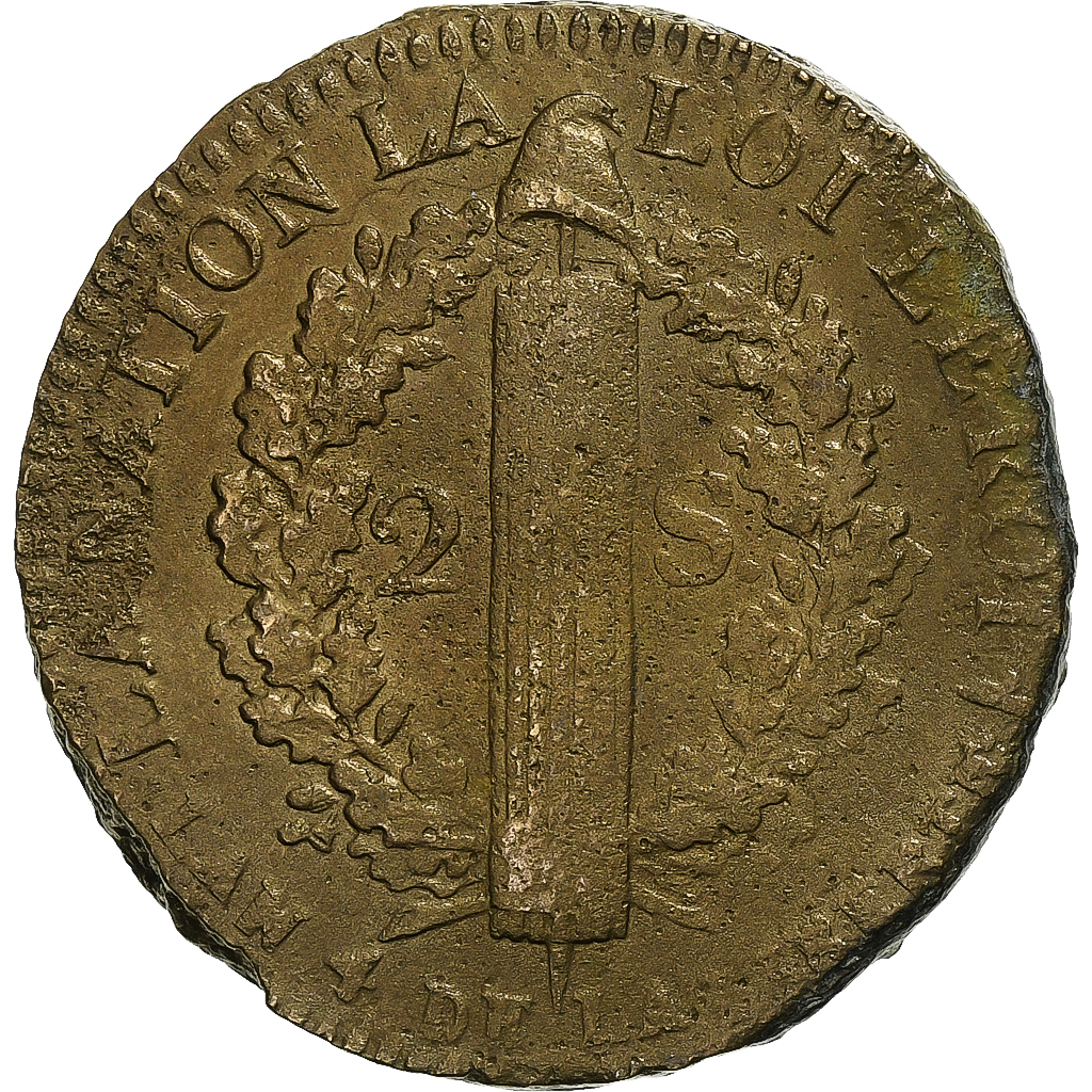 France, Constitution, 2 Sols, 2 sols françois, 1792 / AN 4, Arras, Métal de