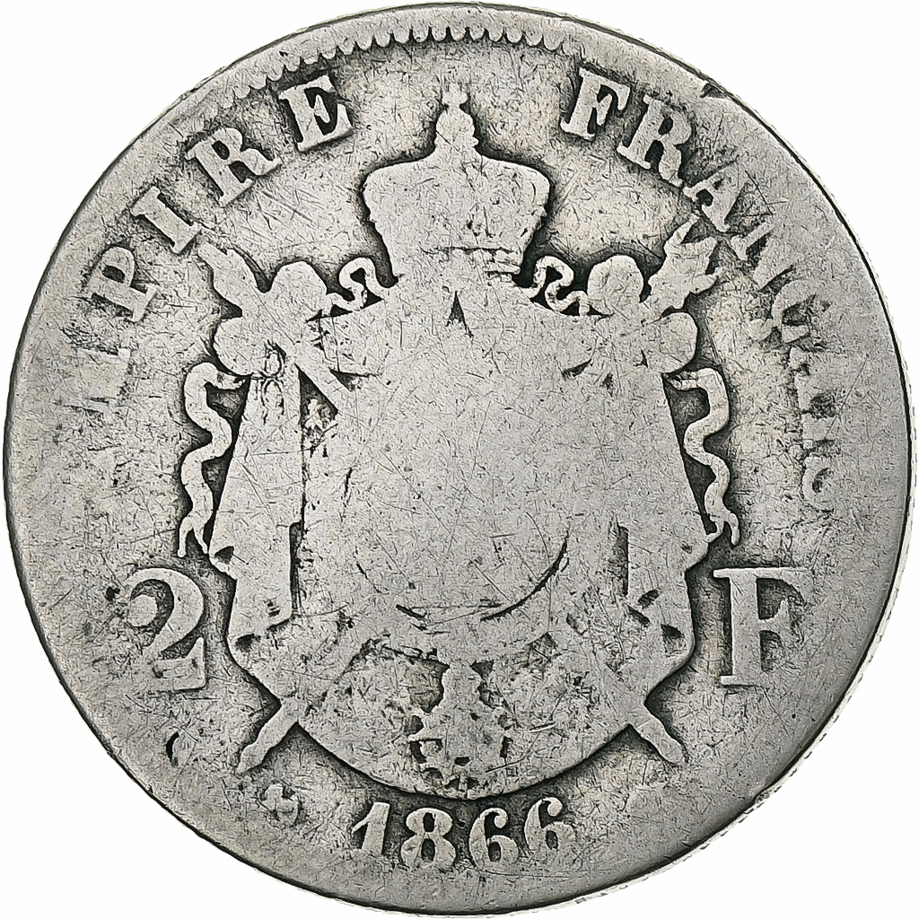 France, Napoleon III, 2 Francs, 1866, Bordeaux, Silver, , Gadoury:527