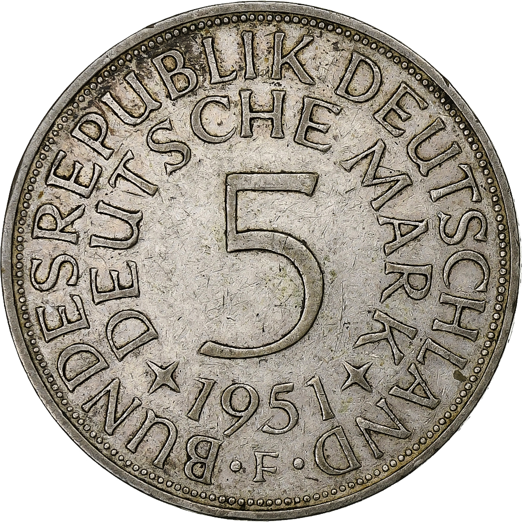 GERMANY - FEDERAL REPUBLIC, 5 Mark, 1951, Stuttgart, Silver, , KM:112.1
