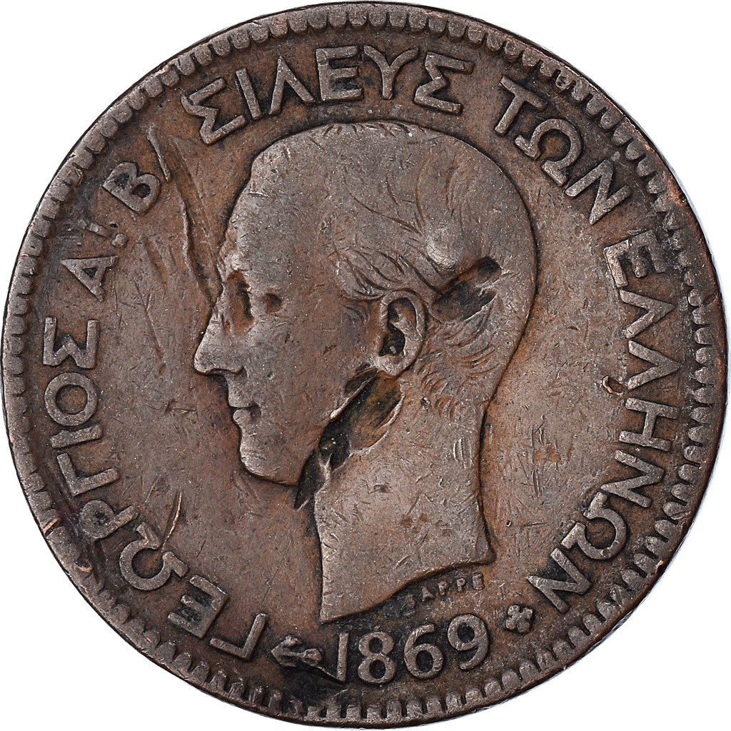 Moneda, Grecia, George I, 10 Lepta, 1869, Strassburg, BC, Cobre, KM:43
