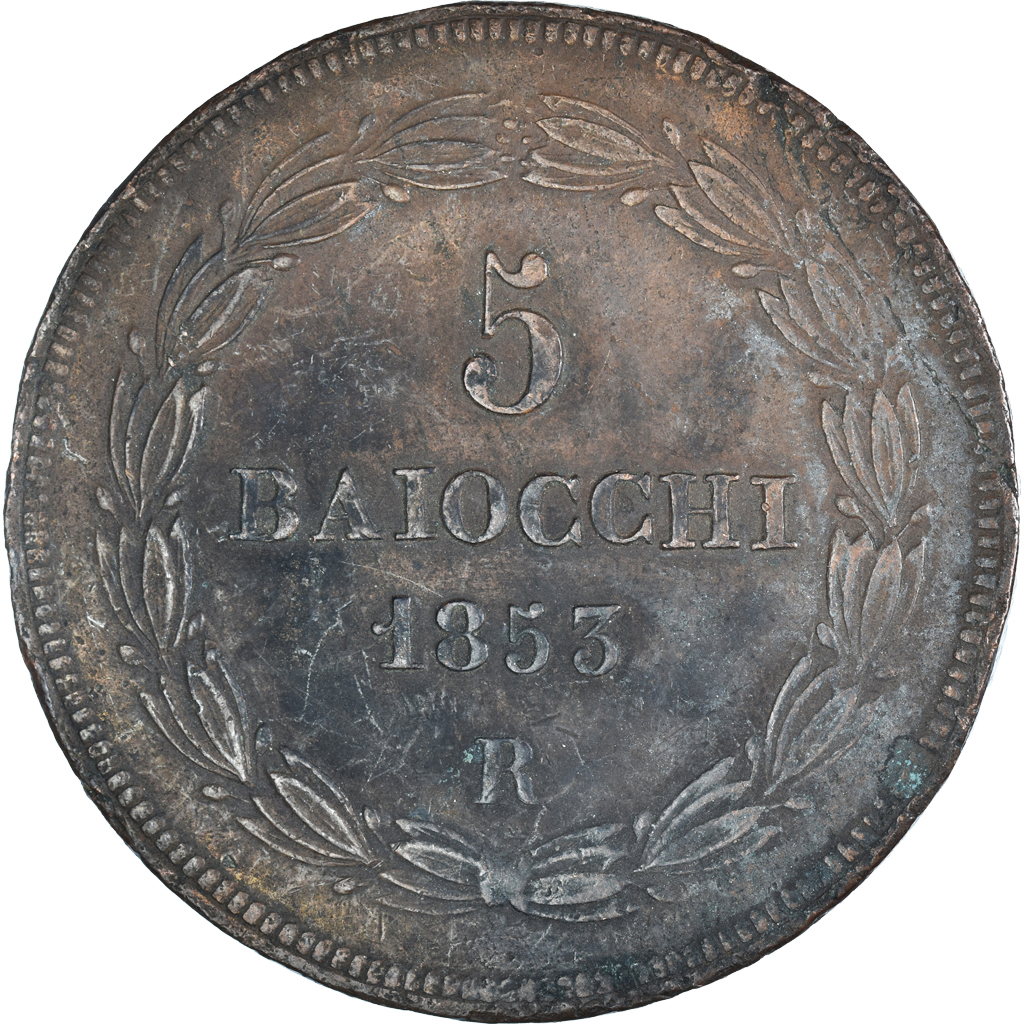 Coin, ITALIAN STATES, PAPAL STATES, Pius IX, 5 Baiocchi, 1853, Roma, 