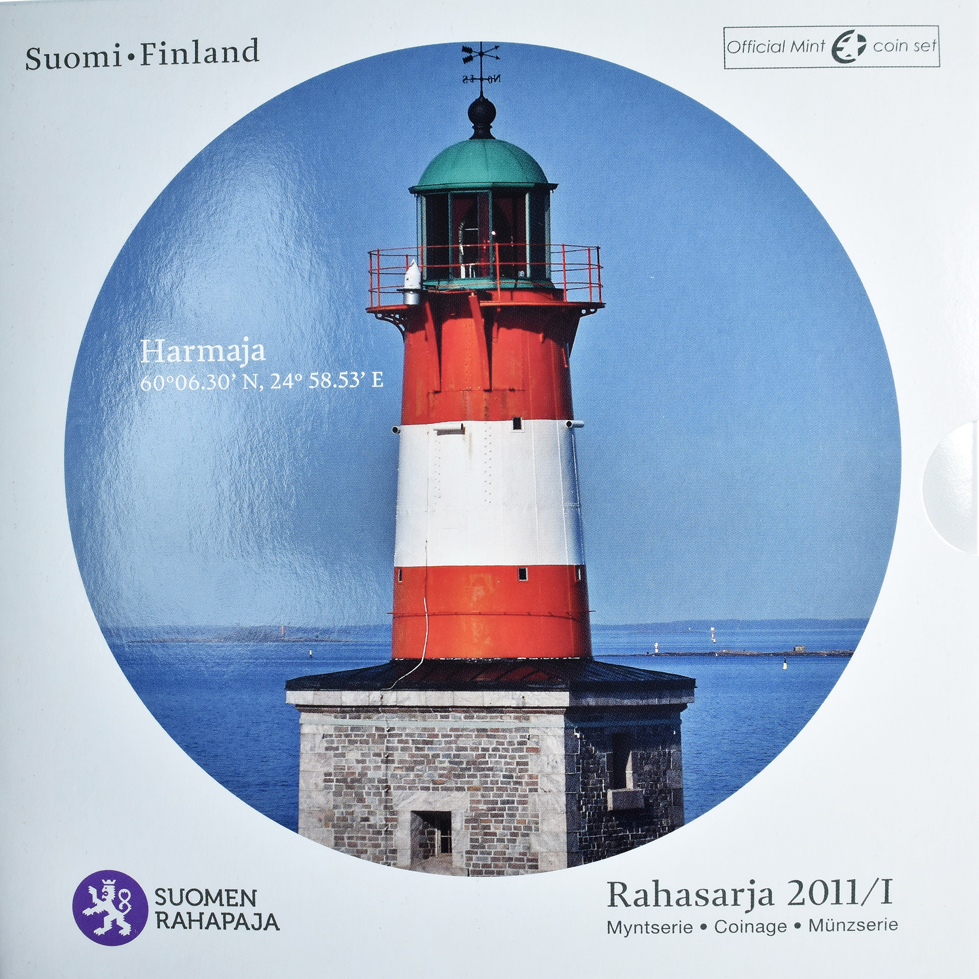 Finnland, 1 Cent to 2 Euro, euro set - Harmaja lighthouse, 2011, Mint of