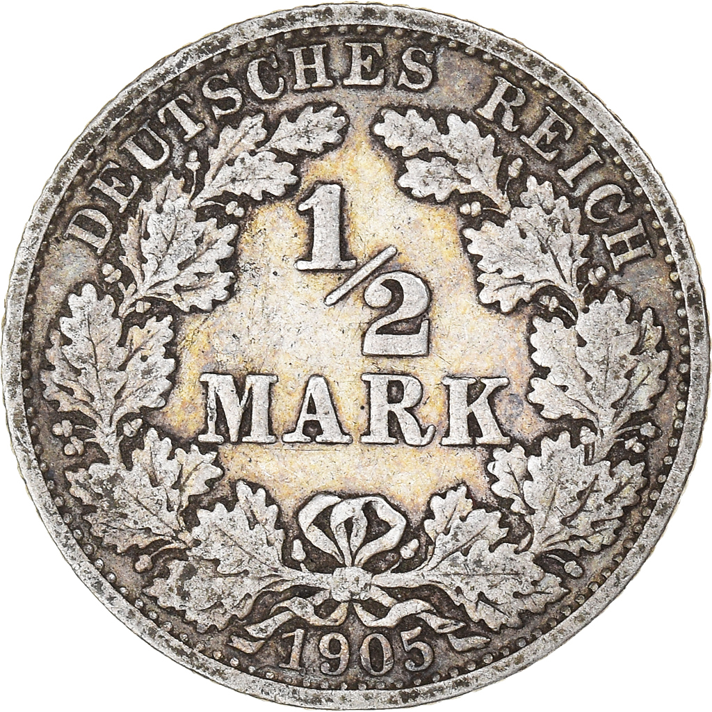 Moneda, ALEMANIA - IMPERIO, Wilhelm II, 1/2 Mark, 1905, Stuttgart, BC+, Plata