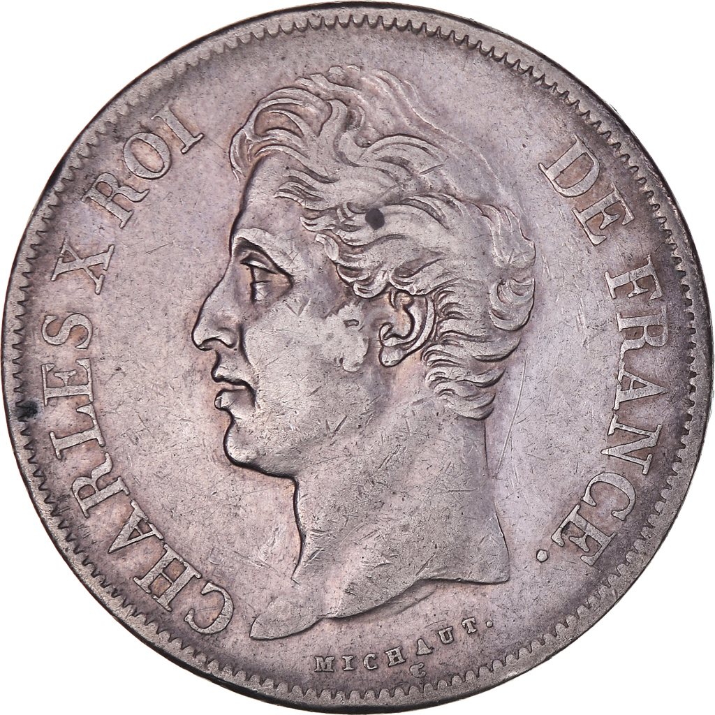 Coin, France, Charles X, 5 Francs, 1827, Nantes, EF, Silver, KM:728.12