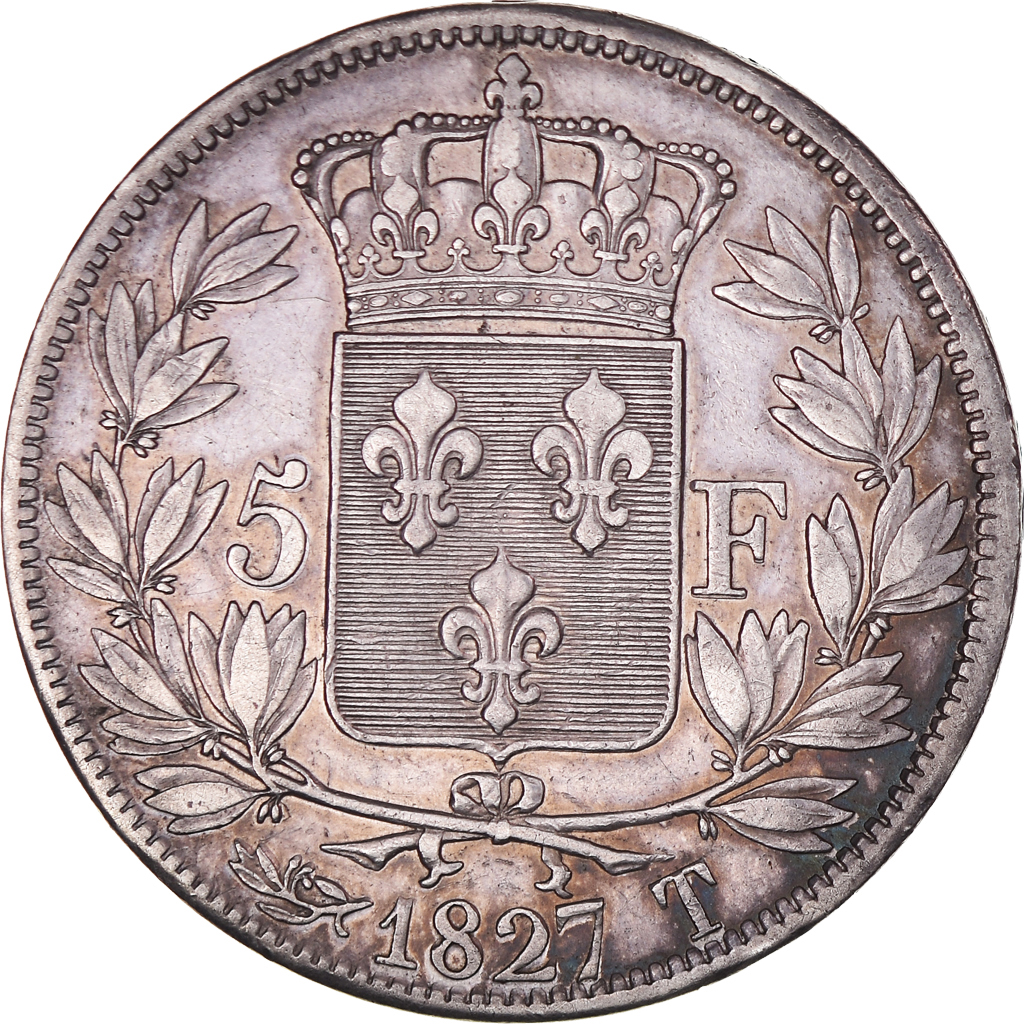 Coin, France, Charles X, 5 Francs, 1827, Nantes, EF, Silver, KM:728.12
