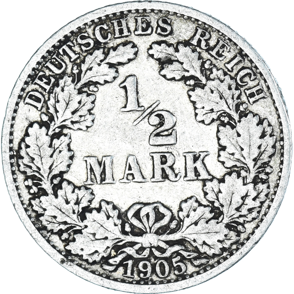 Moneda, ALEMANIA - IMPERIO, 1/2 Mark, 1905, Stuttgart, BC+, Plata, KM:17