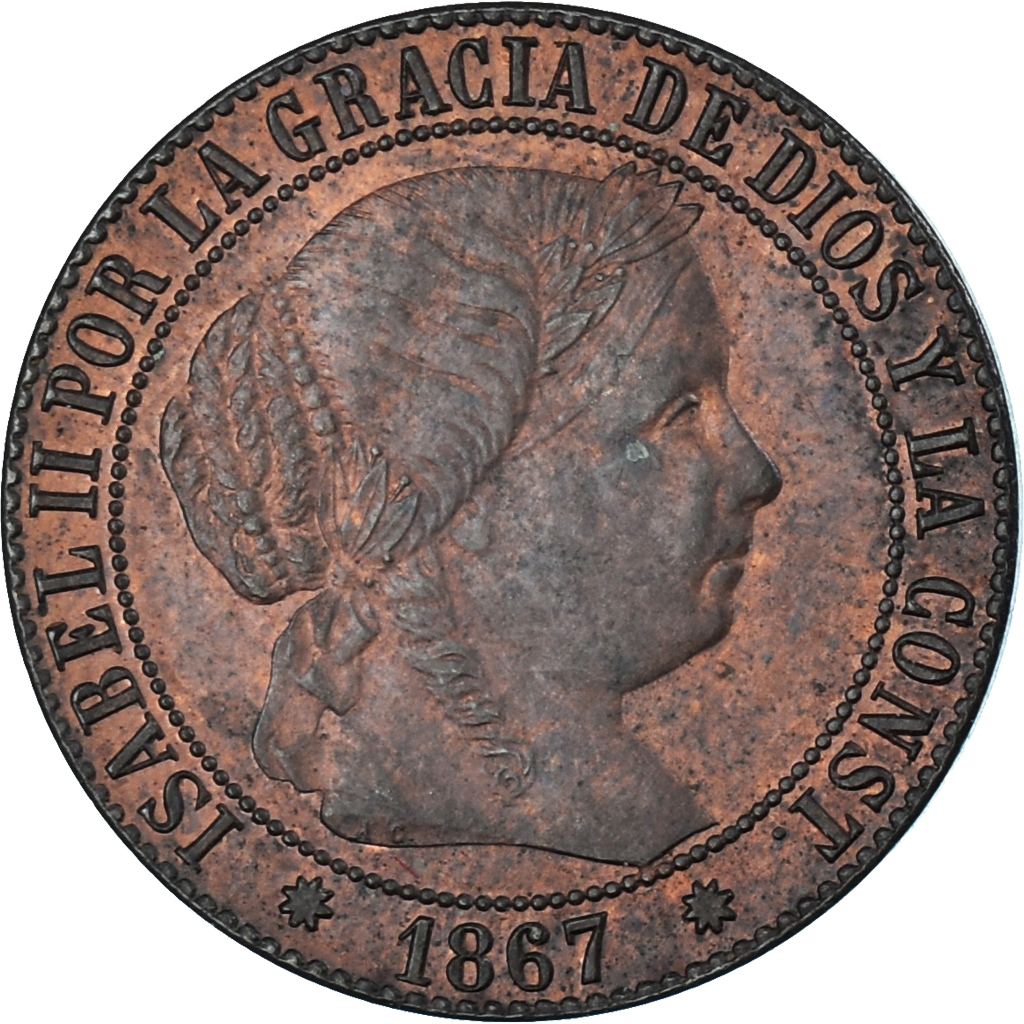 Coin, Spain, Isabel II, Centimo, 1867, Barcelona, , Copper, KM:633.1