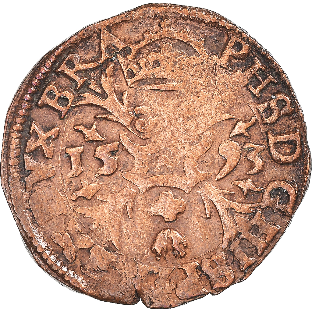 Coin, Spanish Netherlands, Philip II, Gigot, 1593, Brussels, , Copper
