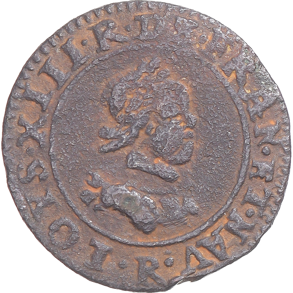 Coin, France, Louis XIII, Denier Tournois, 1617, Villeneuve-lès-Avignon
