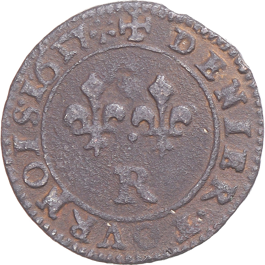 Coin, France, Louis XIII, Denier Tournois, 1617, Villeneuve-lès-Avignon