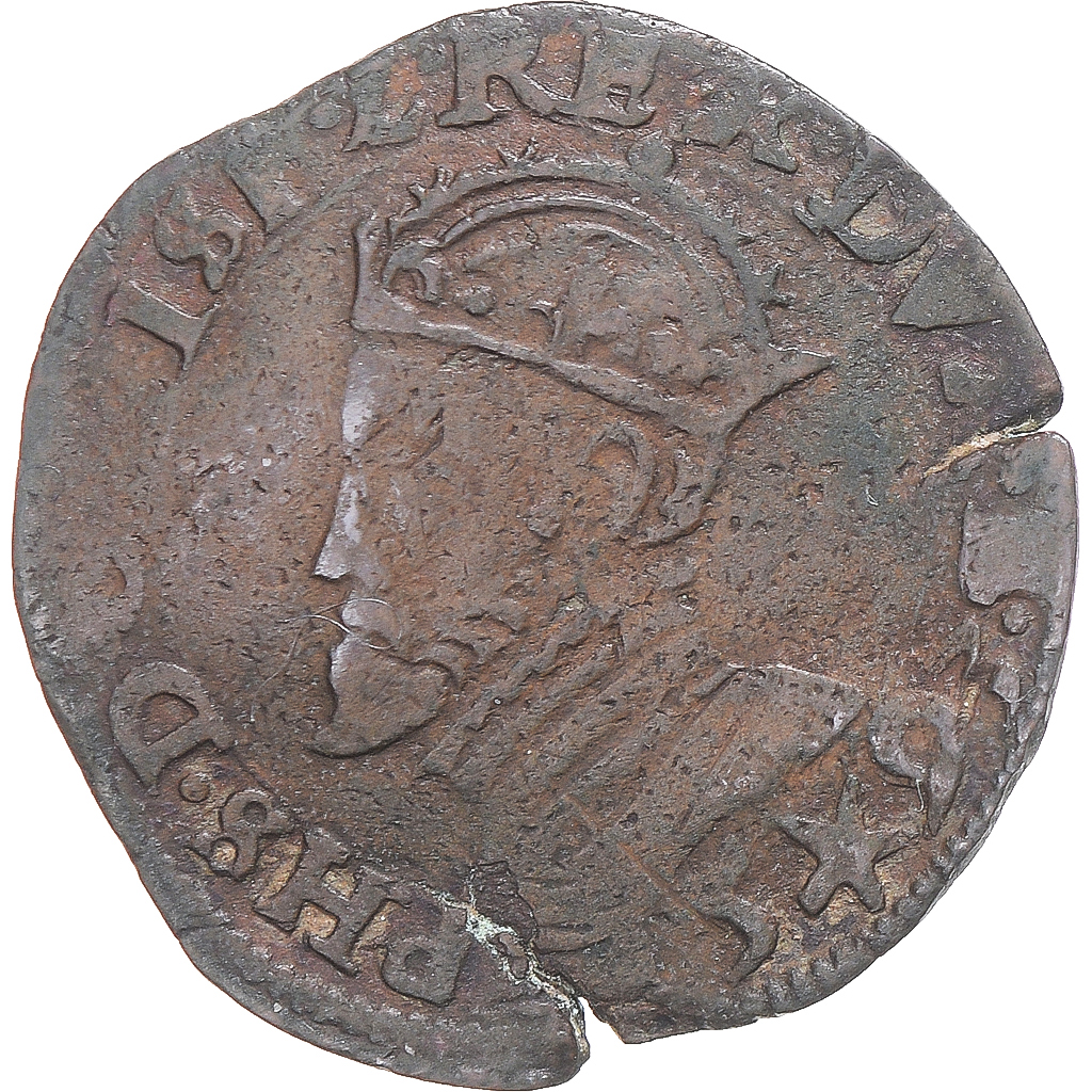 Coin, Spanish Netherlands, Philip II, Liard, 1593, Maastricht, , Copper