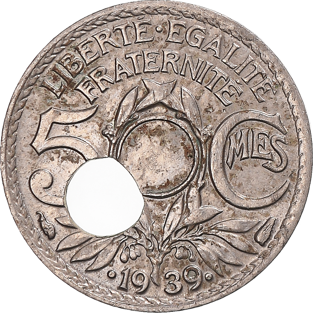 Coin, France, Lindauer, 5 Centimes, 1939, Paris, off-center hole, 