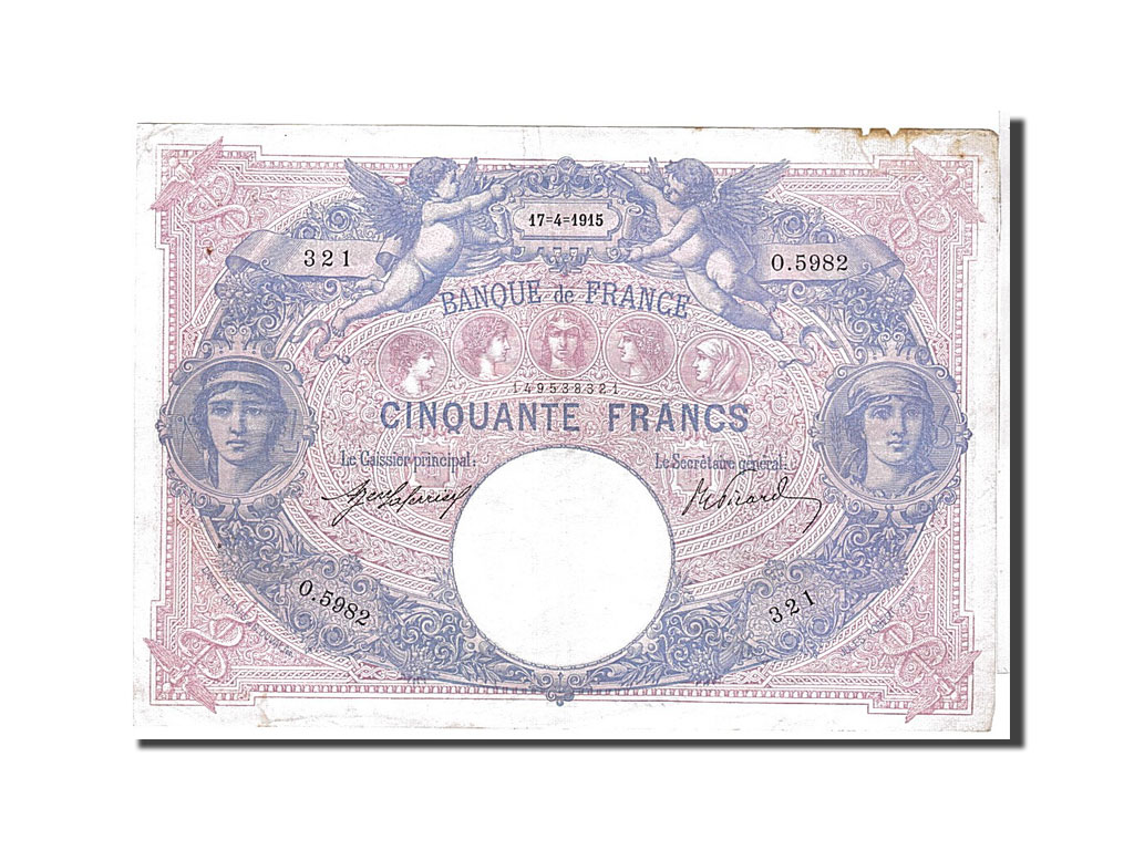 Banknote, France, 50 Francs, 50 F 1889-1927 ''Bleu et Rose'', 1915, AU(55-58)