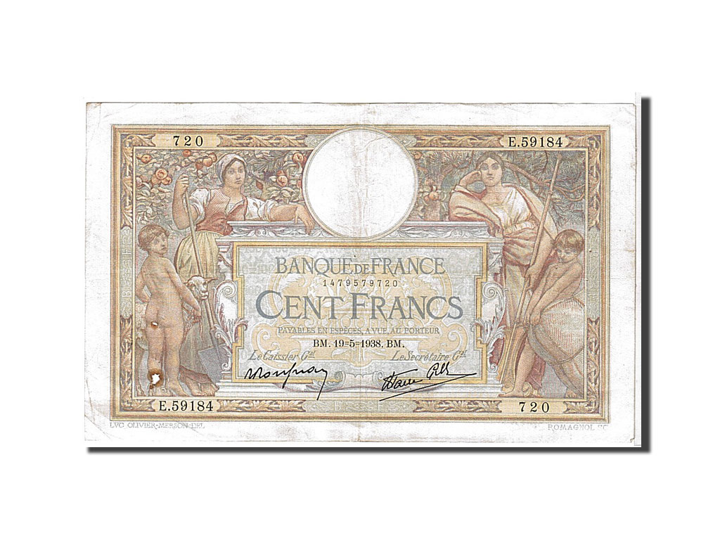 Banknote, France, 100 Francs, 100 F 1908-1939 ''Luc Olivier Merson'', 1938