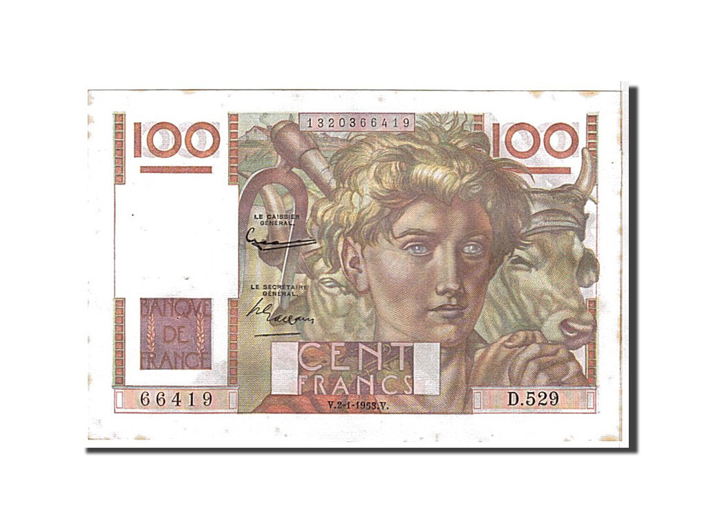 Banknote, France, 100 Francs, 100 F 1945-1954 ''Jeune Paysan'', 1953, AU(55-58)