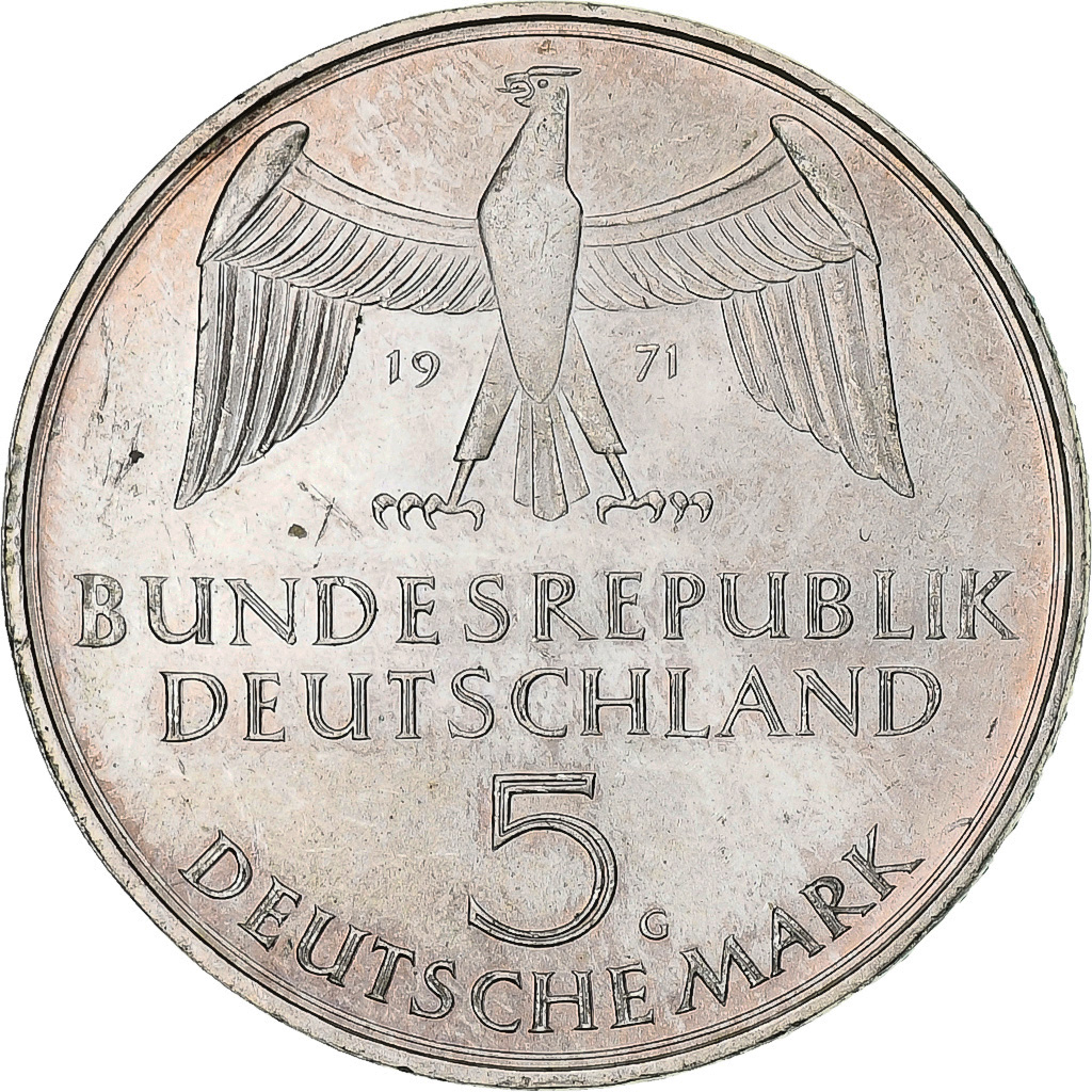 GERMANY - FEDERAL REPUBLIC, 5 Mark, 1971, Karlsruhe, , KM:128.1