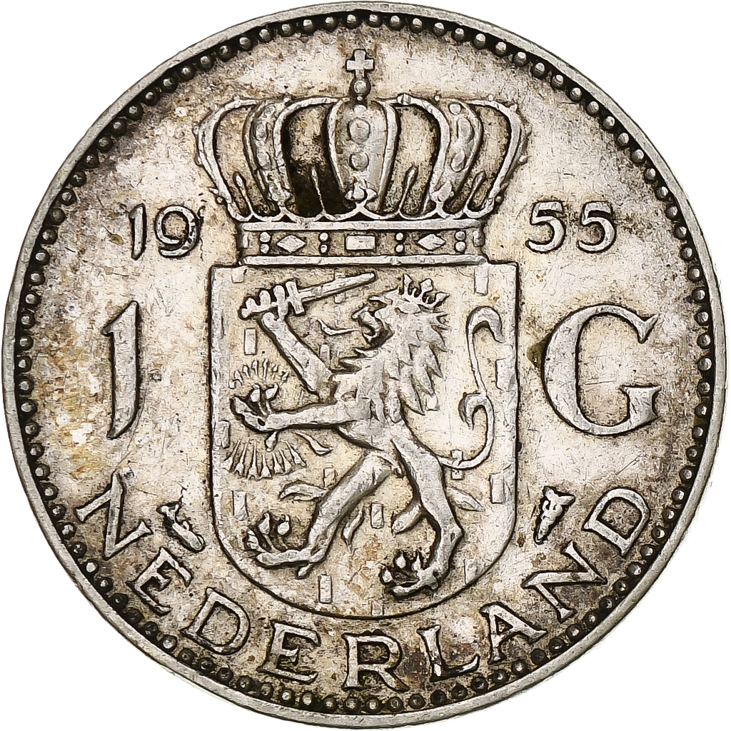 NETHERLANDS, Gulden, 1955, KM #184, AU(50-53), Silver, 25, 6.42