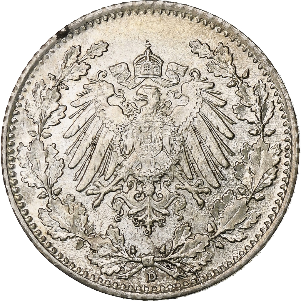 GERMANY - EMPIRE, 1/2 Mark, 1918, Munich, Silver, , KM:17