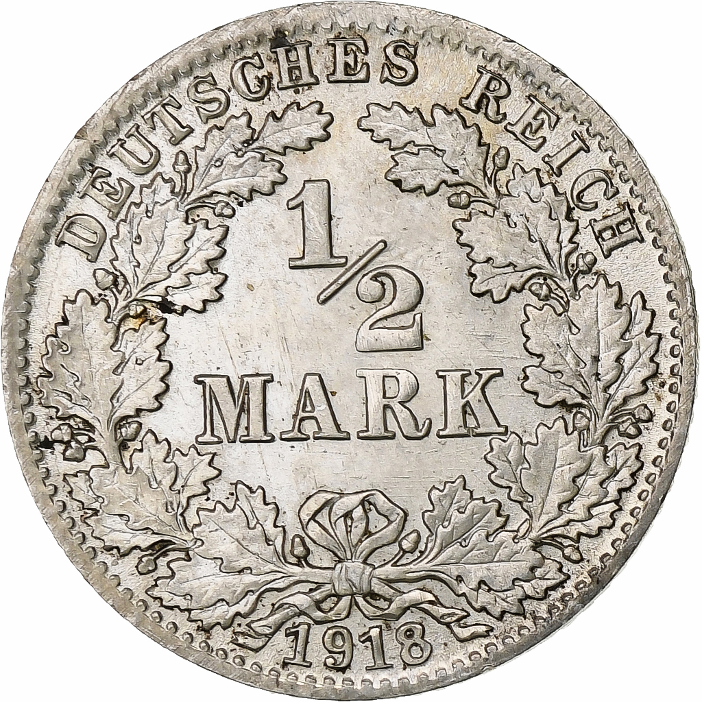 GERMANY - EMPIRE, 1/2 Mark, 1918, Munich, Silver, , KM:17