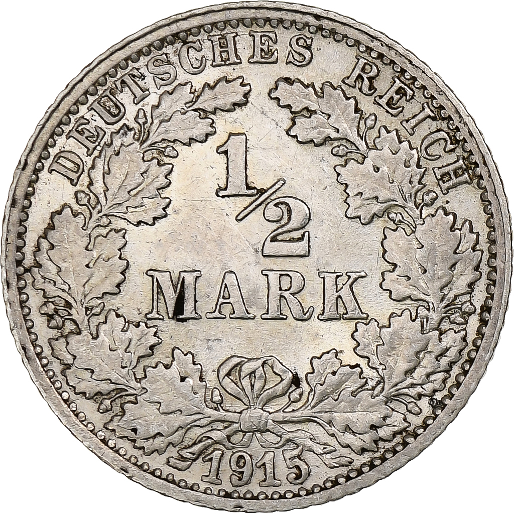 GERMANY - EMPIRE, 1/2 Mark, 1915, Stuttgart, Silver, , KM:17
