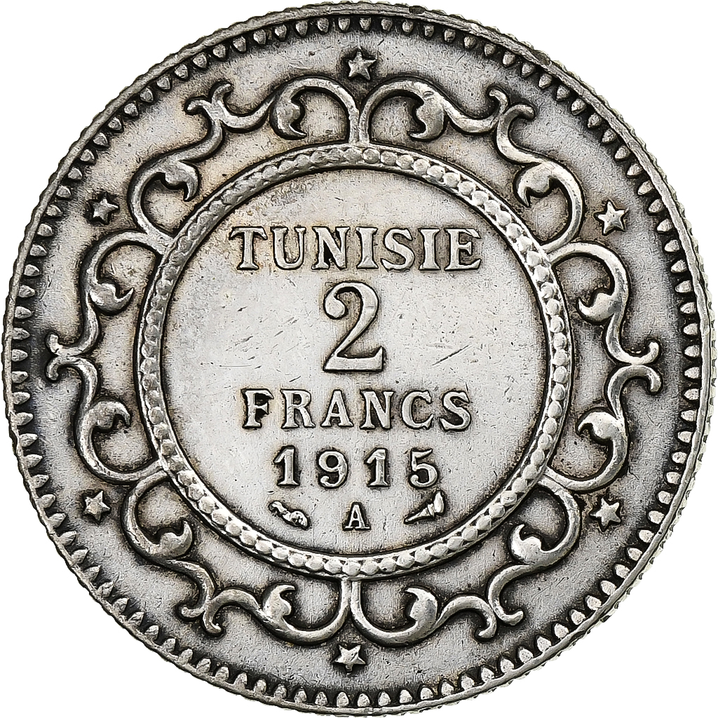Coin, Tunisia, Muhammad al-Nasir Bey, 2 Francs, 1915, Paris, , Silver